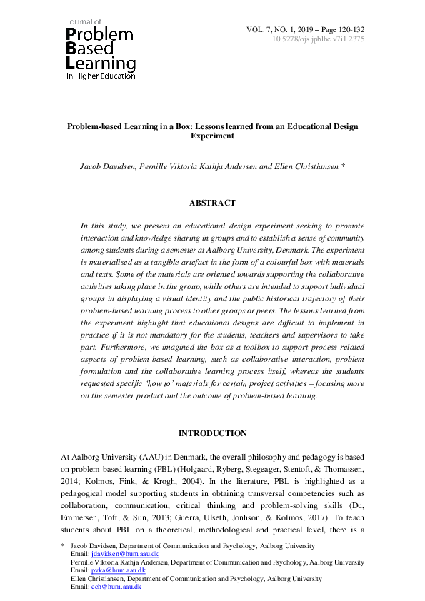 (PDF) Problem based learning in a box: lessons learned from an ...