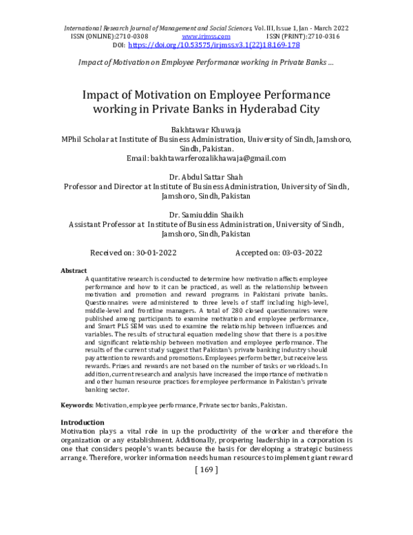 (PDF) Impact of Motivation on Employee Performance working in Private ...