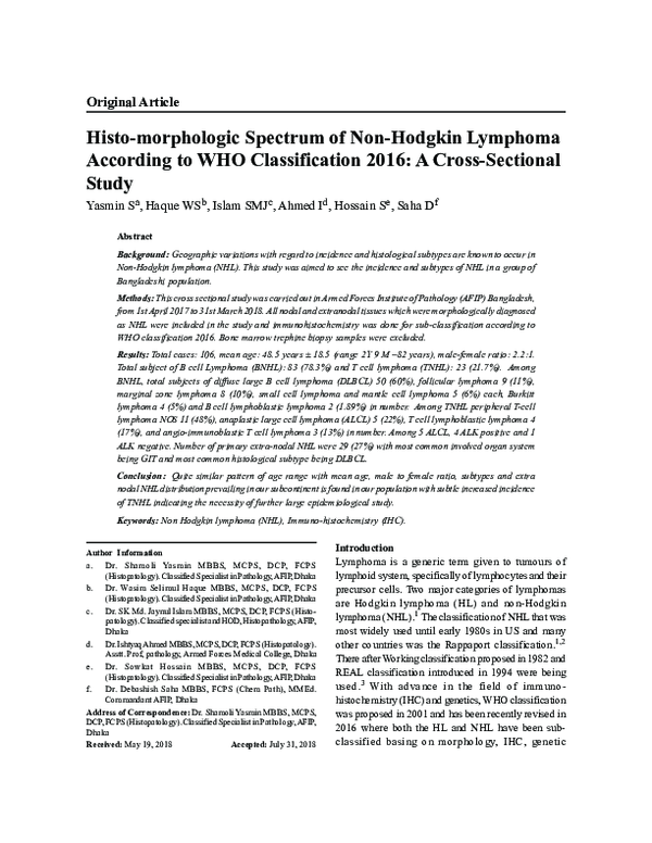 (PDF) Histo-morphologic Spectrum of Non-Hodgkin Lymphoma According to ...