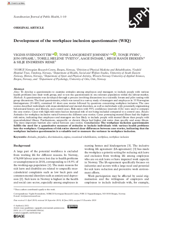 (PDF) Development of the workplace inclusion questionnaire (WIQ)