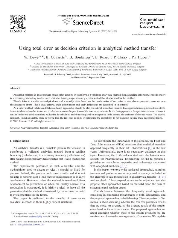 (PDF) Using total error as decision criterion in analytical method transfer