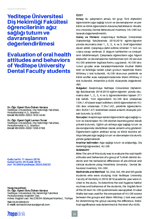 (PDF) Evaluation of Oral Health Attitudes and Behaviors of Yeditepe ...