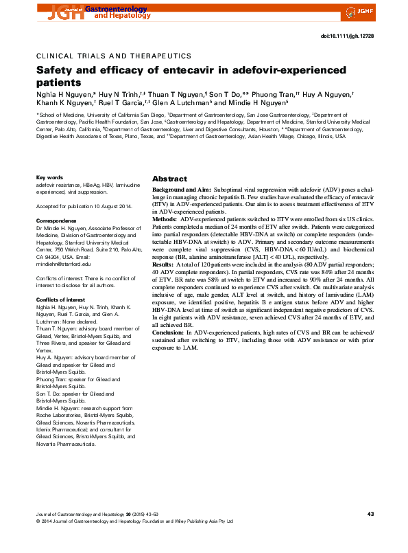 (PDF) Safety and efficacy of entecavir in adefovir-experienced patients