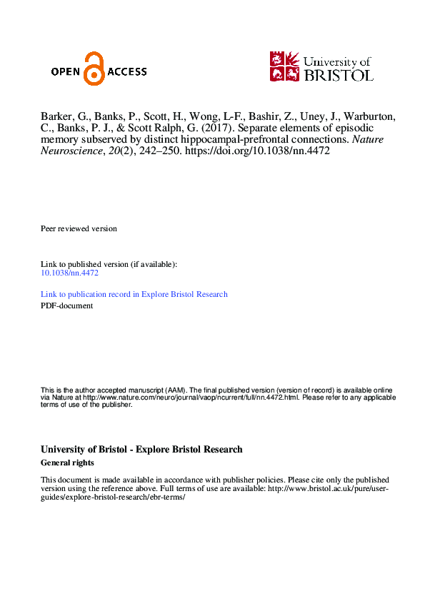  PDF Separate Elements Of Episodic Memory Subserved By Distinct 
