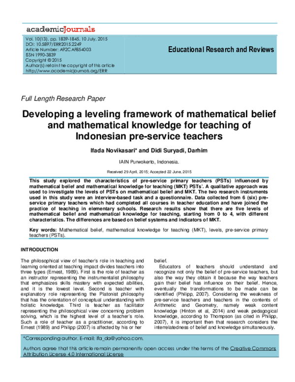 (PDF) Developing a leveling framework of mathematical belief and ...