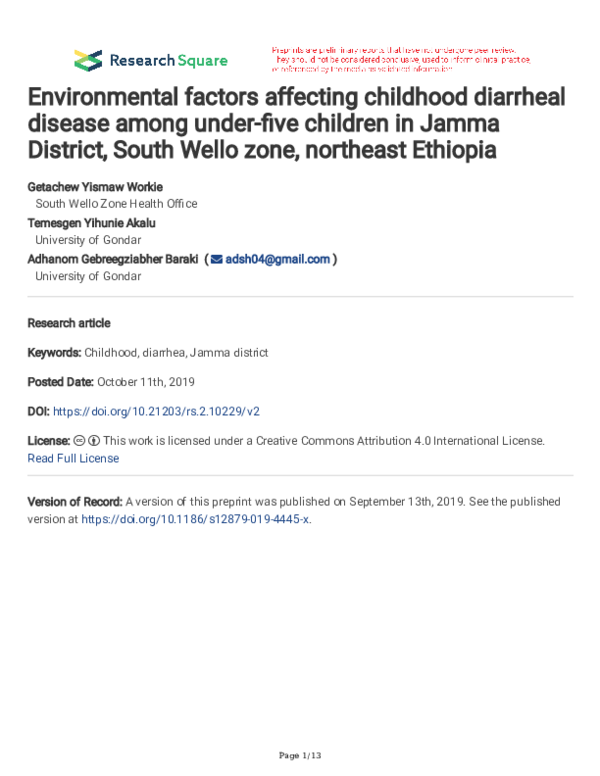 (PDF) Childhood Diarrheal Disease among Under Five Children at Dejen ...