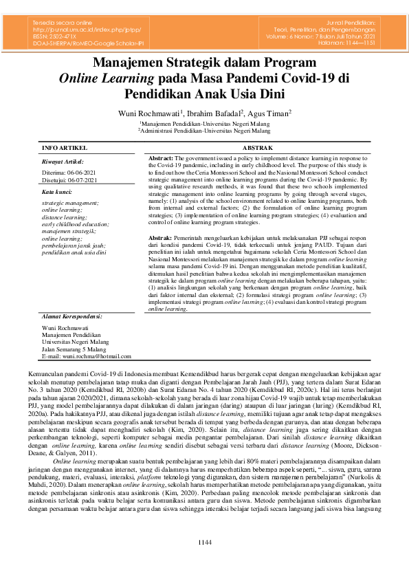 Manajemen Strategik dalam Program Online Learning pada Masa Pandemi Covid-19 di Pendidikan Anak Usia Dini