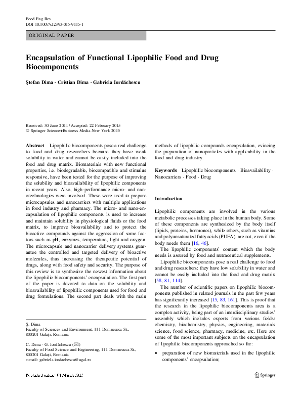 (PDF) Encapsulation of Functional Lipophilic Food and Drug