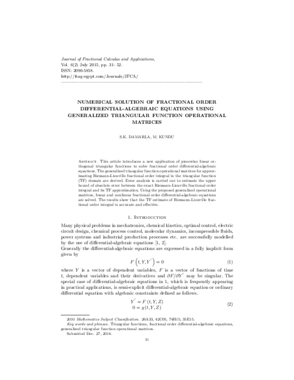 (PDF) Numerical Solution of Fractional Order Differential-Algebraic ...