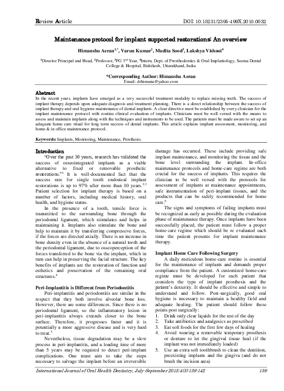 (PDF) Maintenance protocol for implant supported restorations: An overview