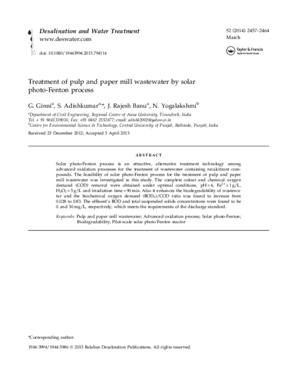 (PDF) Treatment of pulp and paper mill wastewater by solar photo-Fenton ...