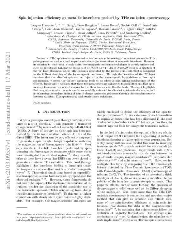(PDF) Spin Injection Efficiency at Metallic Interfaces Probed by THz ...