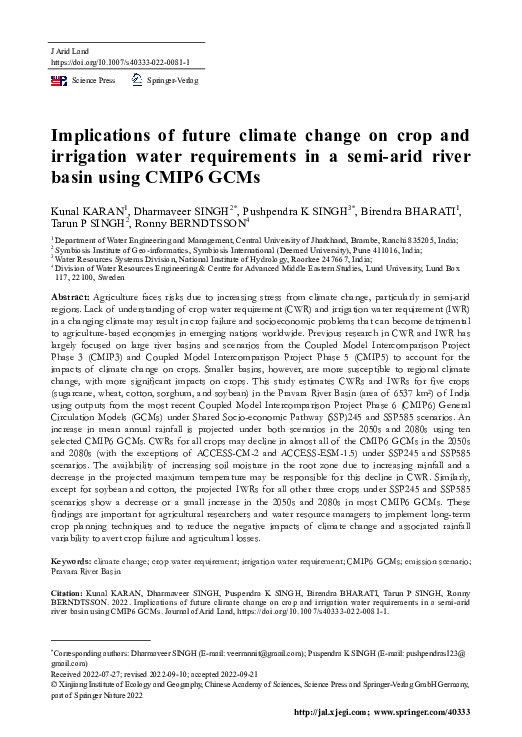 (PDF) Implications of future climate change on crop and irrigation ...