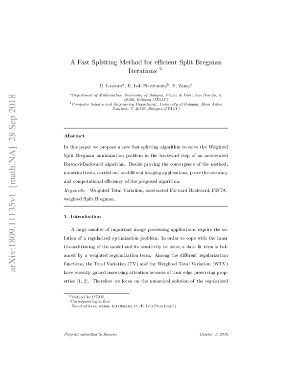 (PDF) A fast splitting method for efficient Split Bregman iterations