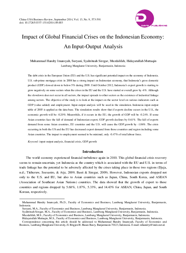 (PDF) Impact of Global Financial Crises on the Indonesian Economy:An ...