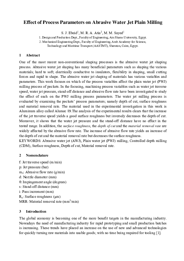 (PDF) Effect of Process Parameters on Abrasive Water Jet Plain Milling
