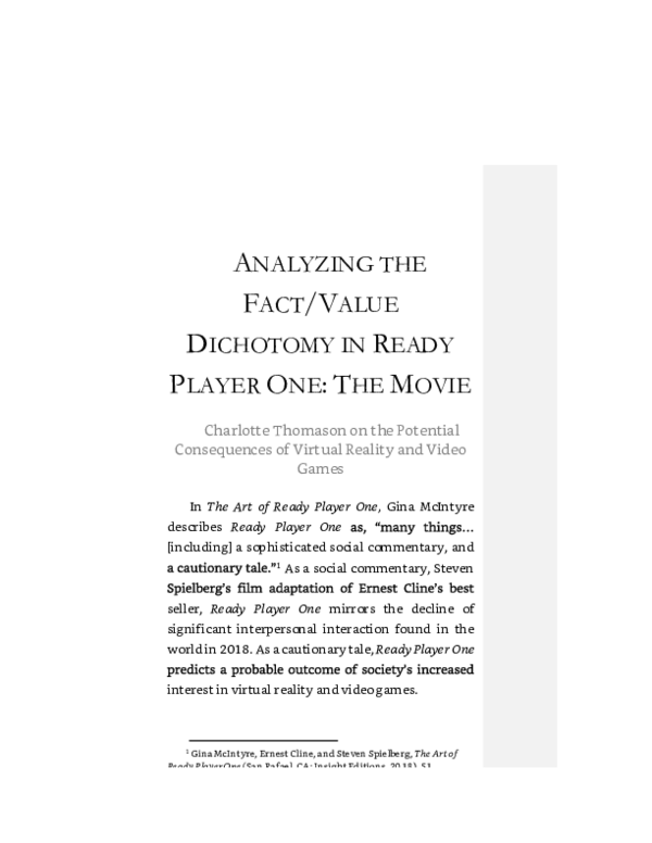 (PDF) Analyzing the Fact/Value Dichotomy in Ready Player One The