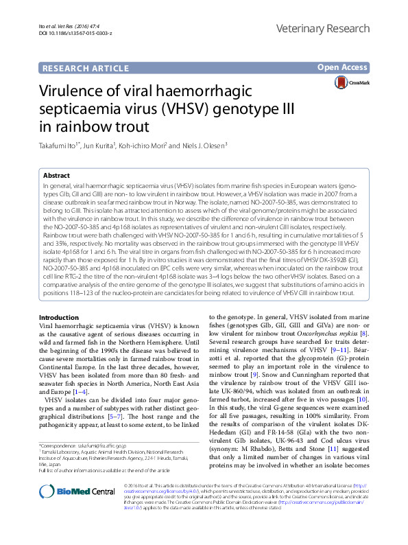 (PDF) Virulence of viral haemorrhagic septicaemia virus (VHSV) genotype ...