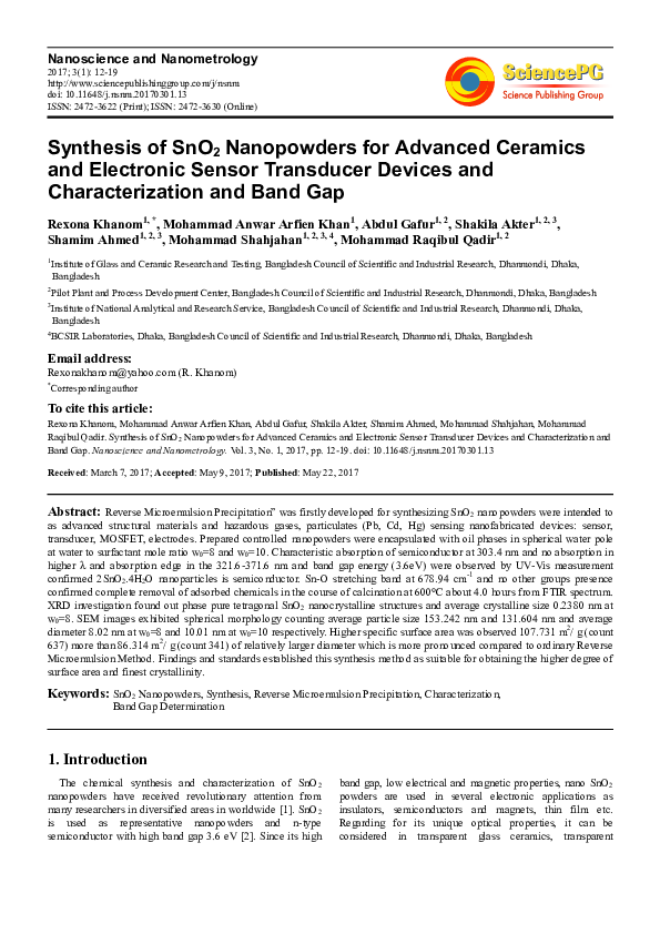(PDF) Synthesis of SnO 2 Nanopowders for Advanced Ceramics and ...