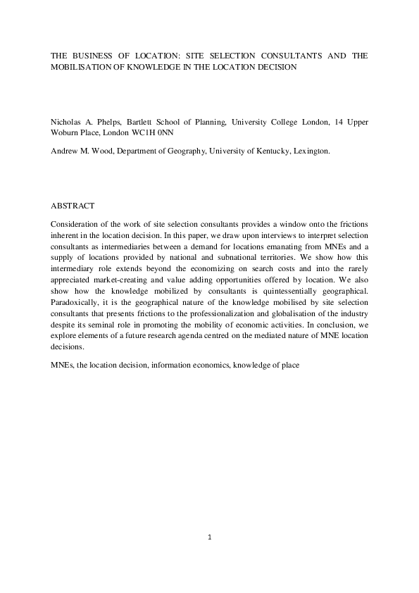 (PDF) The business of location: site selection consultants and the ...