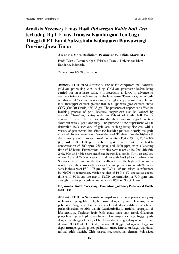 (PDF) Analisis Recovery Emas Hasil Pulverized Bottle Roll Test terhadap