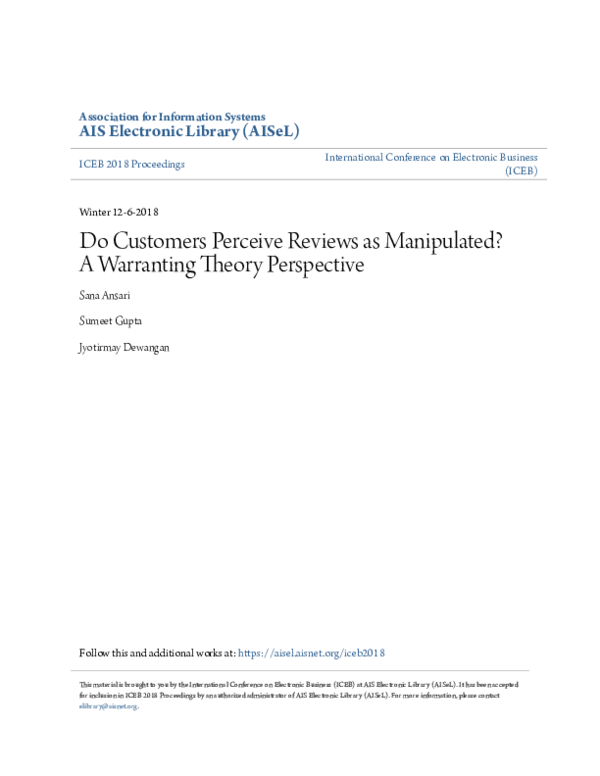 (PDF) Do Customers Perceive Reviews as Manipulated? A Warranting Theory ...