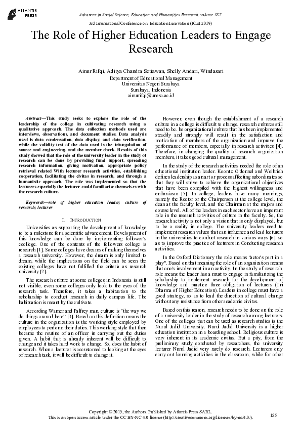 (PDF) The Role of Higher Education Leaders to Engage Research