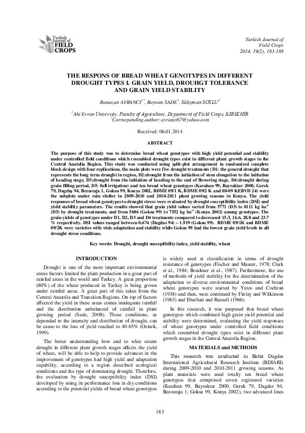 (PDF) The Respons of Bread Wheat Genotypes in Different Drought Types I ...