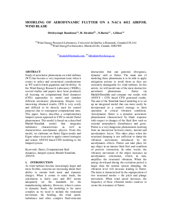 (PDF) Modeling of aerodynamic flutter on a NACA 4412 airfoil wind blade