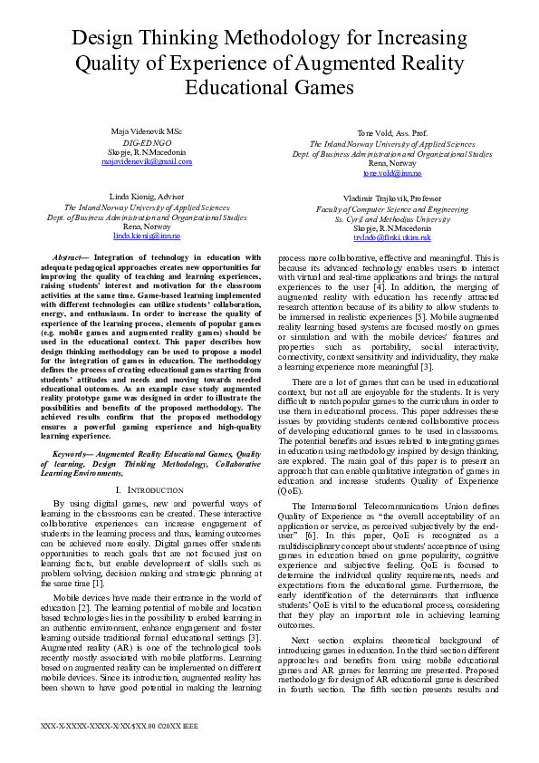 (PDF) Design Thinking Methodology for Increasing Quality of Experience