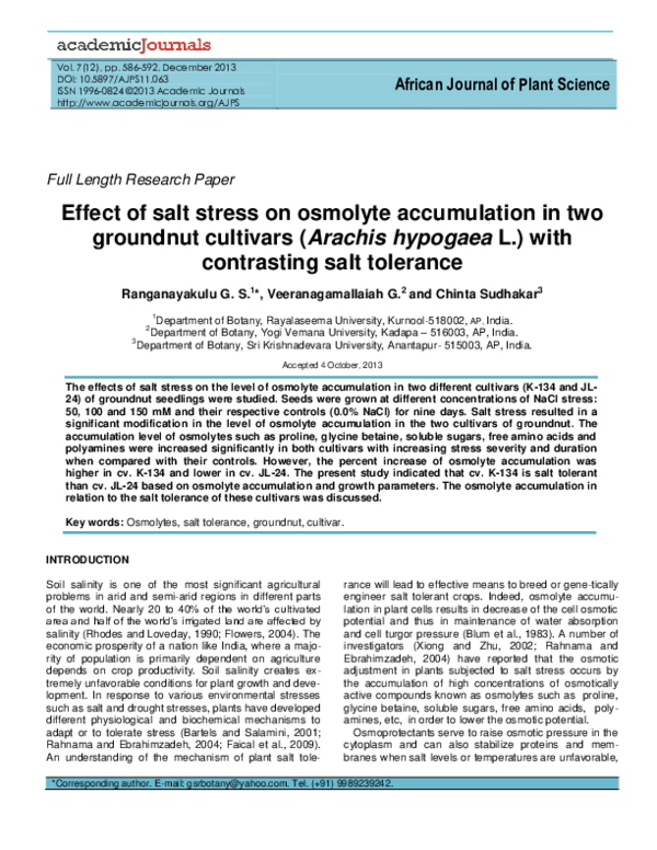 (PDF) Effect of salt stress on osmolyte accumulation in two groundnut ...