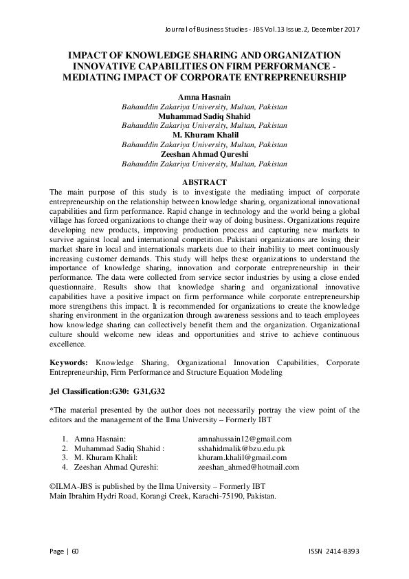 (PDF) Impact of Knowledge Sharing and Organization Innovative ...