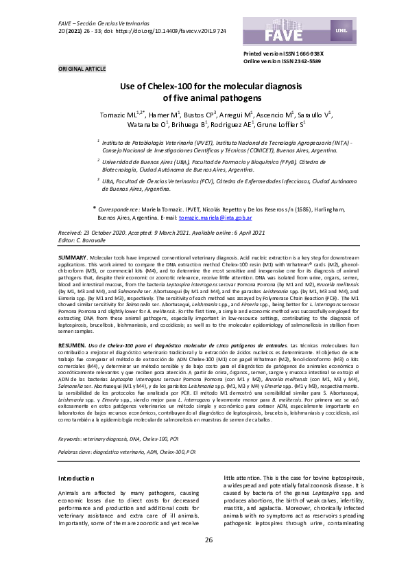 (PDF) Use of Chelex-100 for the molecular diagnosis of five animal ...