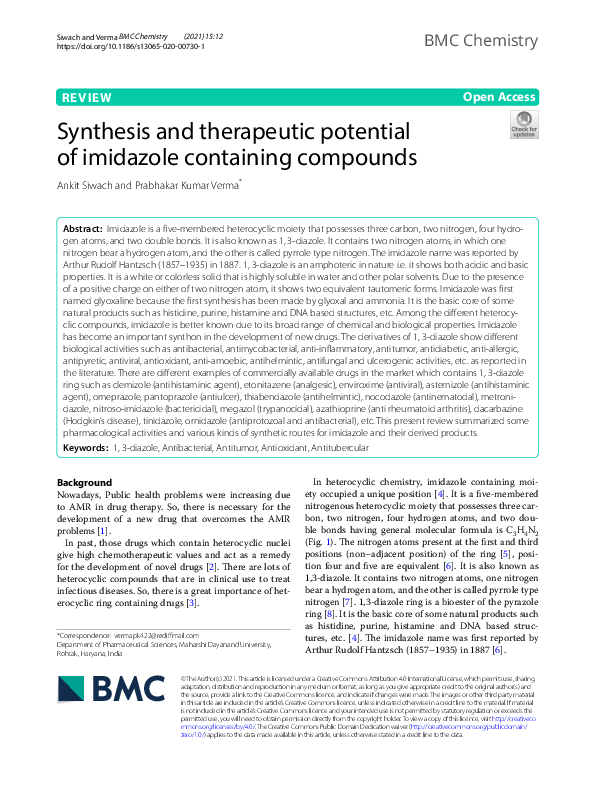 (PDF) Synthesis and therapeutic potential of imidazole containing compounds