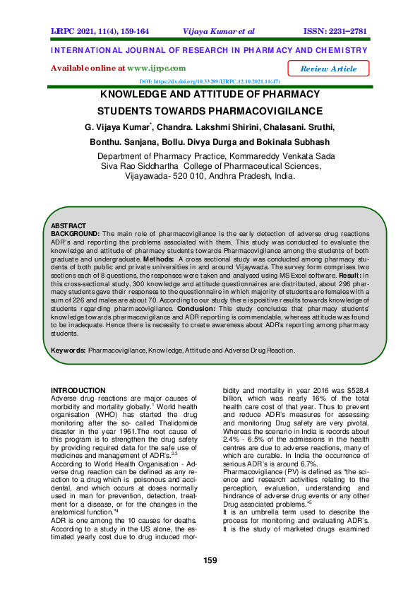(PDF) Knowledge and Attitude of Pharmacy Students Towards Pharmacovigilance