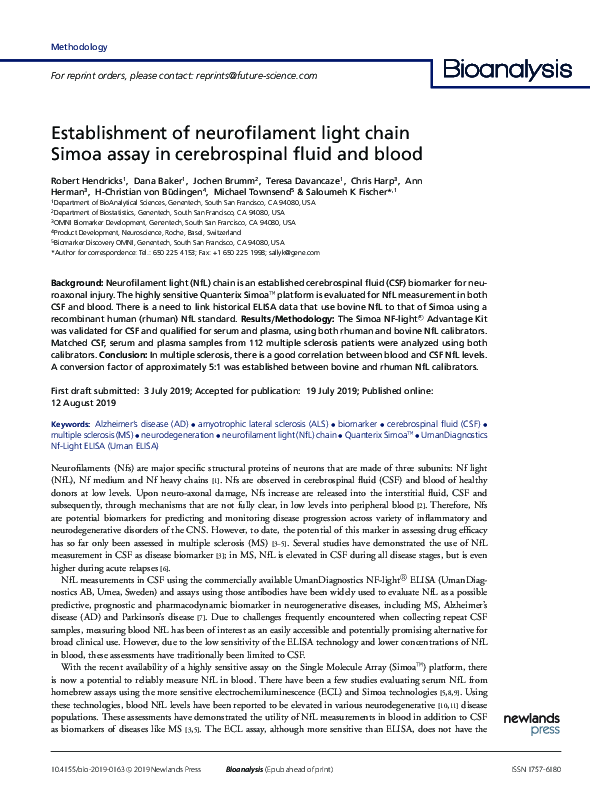 (PDF) Establishment of neurofilament light chain Simoa assay in ...