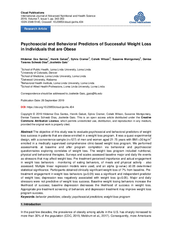 (PDF) Psychosocial and Behavioral Predictors of Successful Weight Loss ...