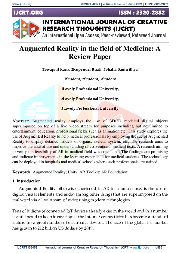 (PDF) Augmented Reality in the field of Medicine: A Review Paper