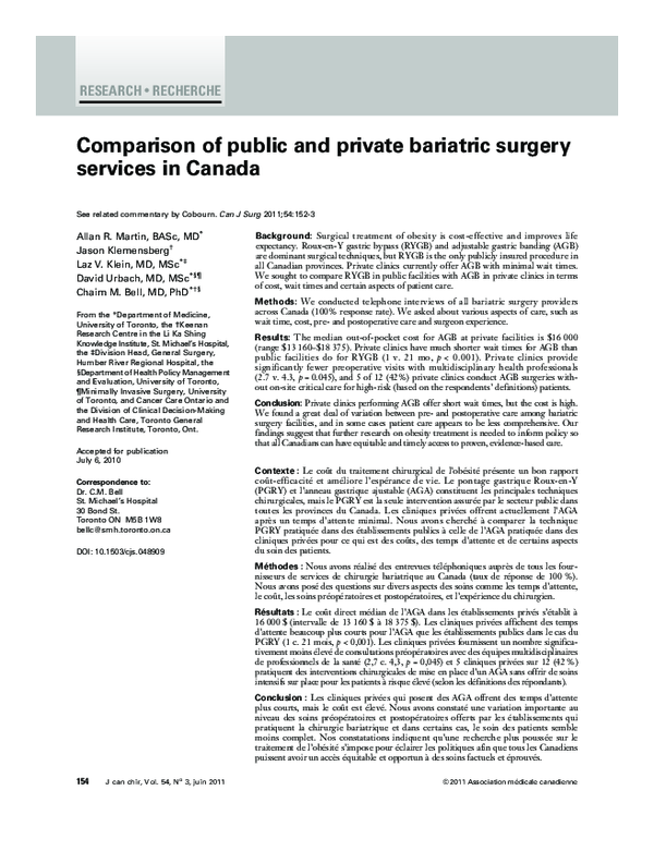 (PDF) Comparison of public and private bariatric surgery services in Canada