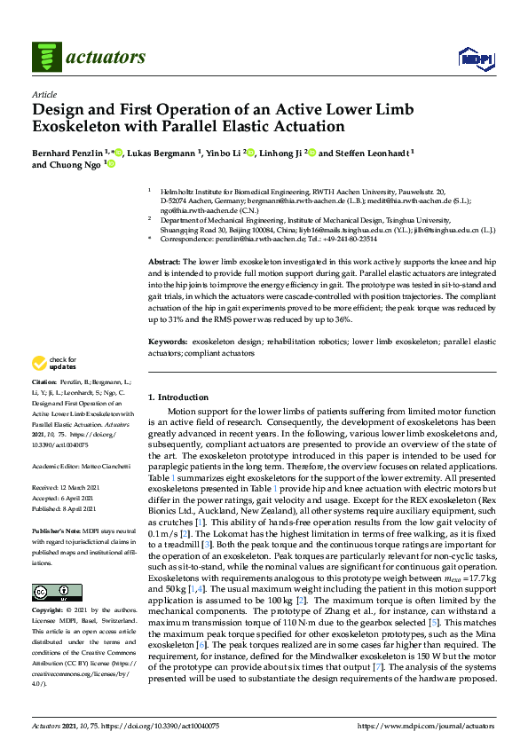 (PDF) Design and First Operation of an Active Lower Limb Exoskeleton ...