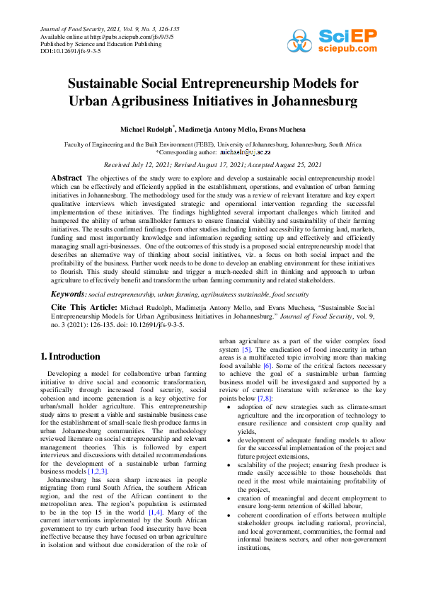 (PDF) Sustainable Social Entrepreneurship Models for Urban Agribusiness ...