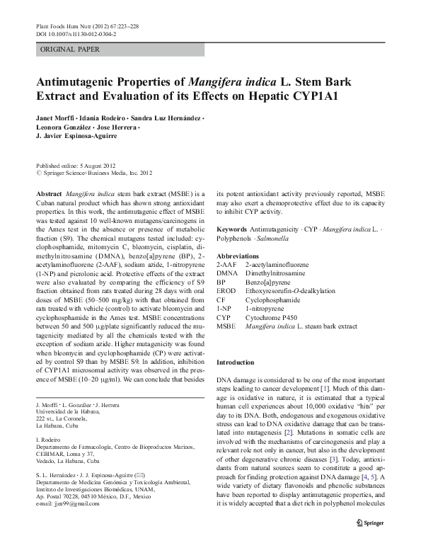 (PDF) Antimutagenic Properties of Mangifera indica L. Stem Bark Extract and Evaluation of its