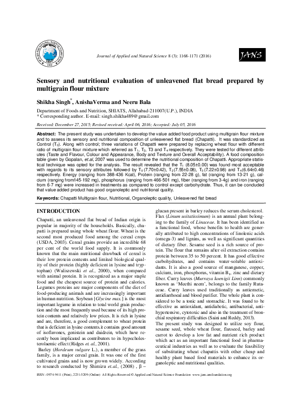 (PDF) Sensory and nutritional evaluation of unleavened flat bread ...