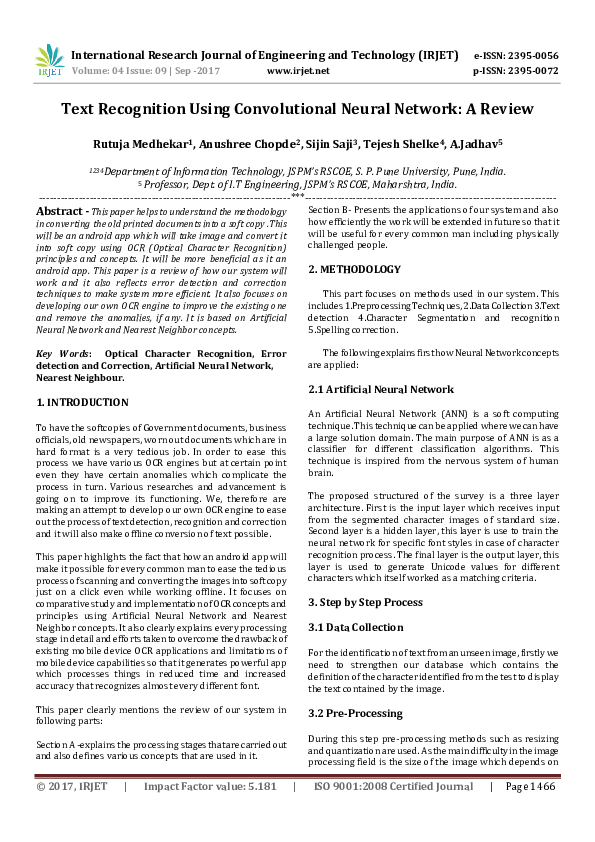 (PDF) Recognition Using Convolutional Neural Network : A Review
