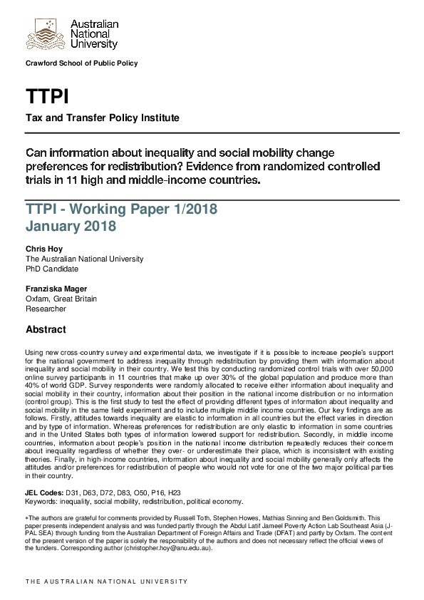 (PDF) Tax and Transfer Policy Institute TTPI-Working Paper 1 / 2018 ...