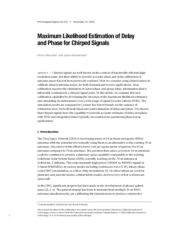 (PDF) Maximum Likelihood Estimation of Delay and Phase for Chirped Signals