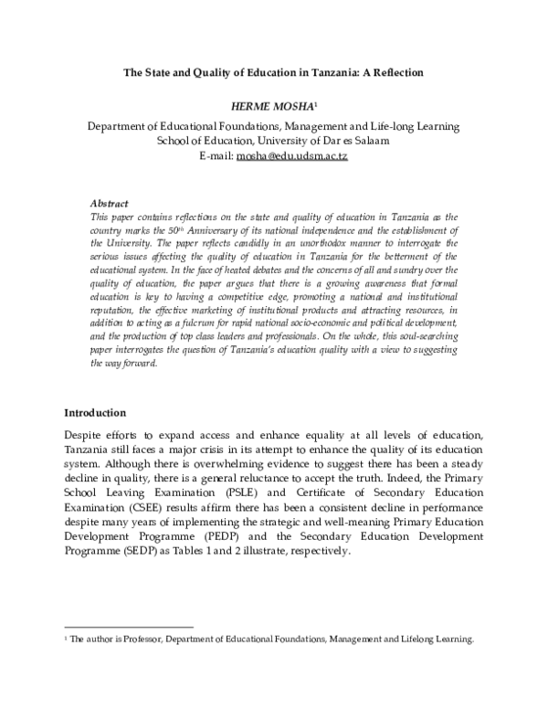 (PDF) The state and quality of education in Tanzania: a reflection