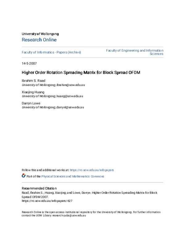 (PDF) Higher order rotation spreading matrix for block spread OFDM