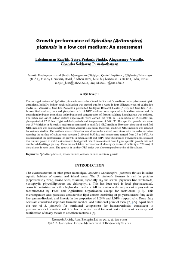 (PDF) Growth performance of Spirulina (Arthrospira) platensis in a low ...