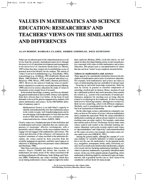 (PDF) Values in mathematics and science education: researchers' and ...